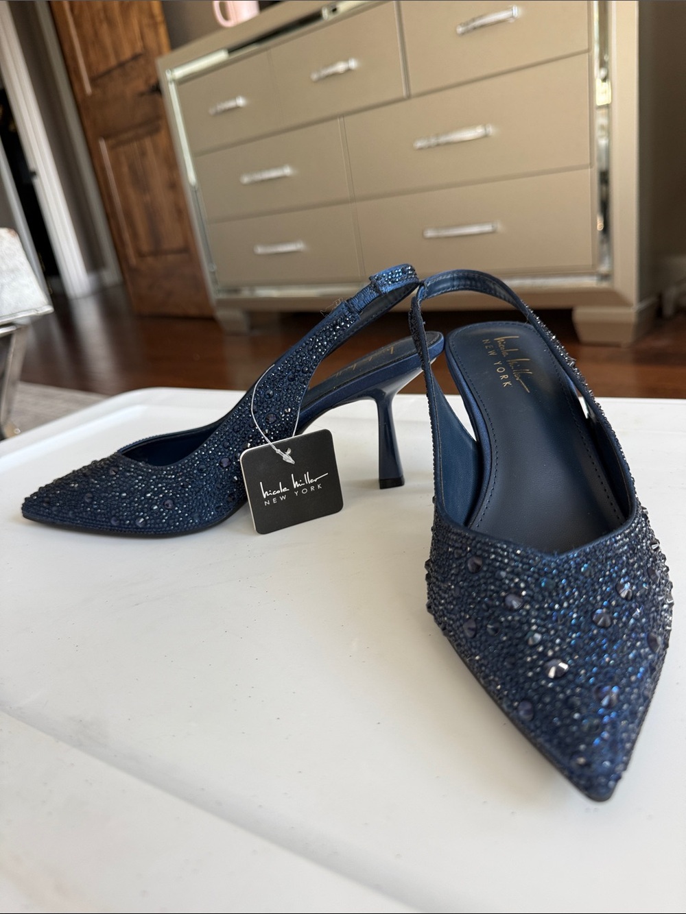 Nicole Miller Navy Crystal Embellished Slingback Heels